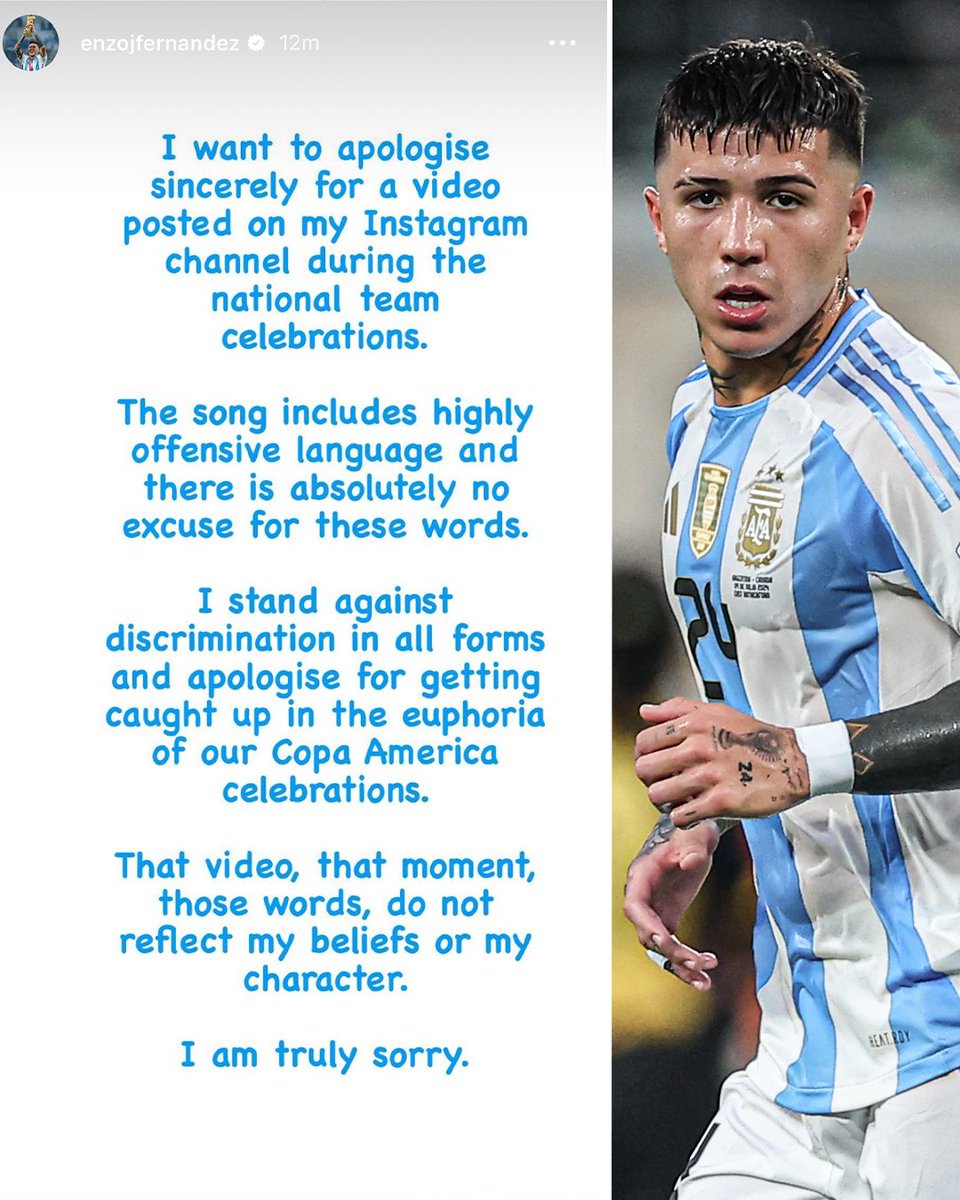 ESPNFC's tweet photo. Enzo Fernández on Instagram in response to a viral video of him and other Argentina players singing about French players with African heritage. https://t.co/LsYyxqoFnP