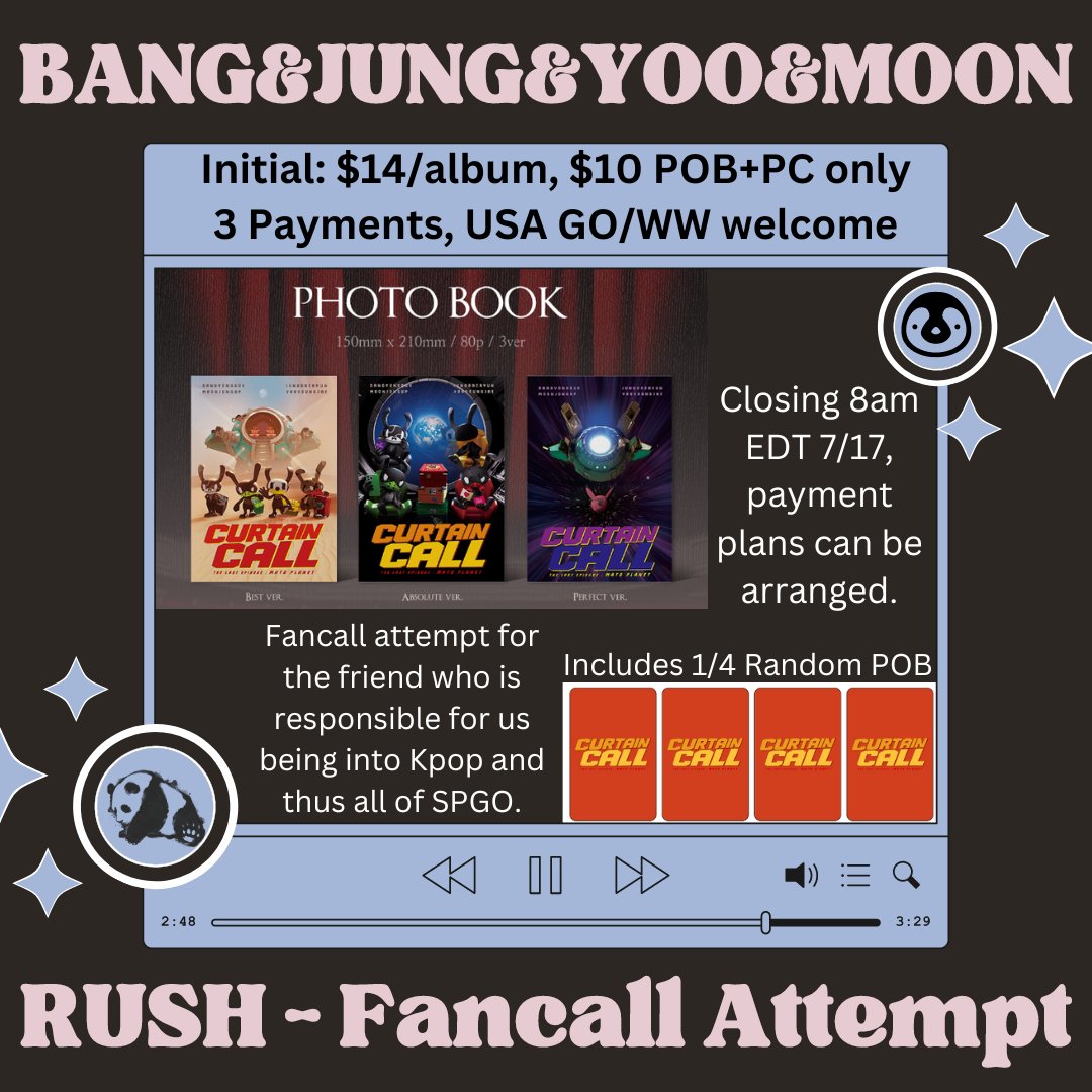 SPTrades8's tweet photo. 🐧 B.A.P (BANG&JUNG&YOO&MOON) Curtain Call
USA / WW GO
🐧 $14 per album, $10 POB+PC only options
🐧 RUSH, closing July 17 at 8am EDT
🐧 Sealed or Sorted options
🐧 Form: https://t.co/v4EkkOuNE9
BABY Please Share!
#BANGJUNGYOOMOON #CURTAIN_CALL #BAPcomeback https://t.co/50OIMI6TGm