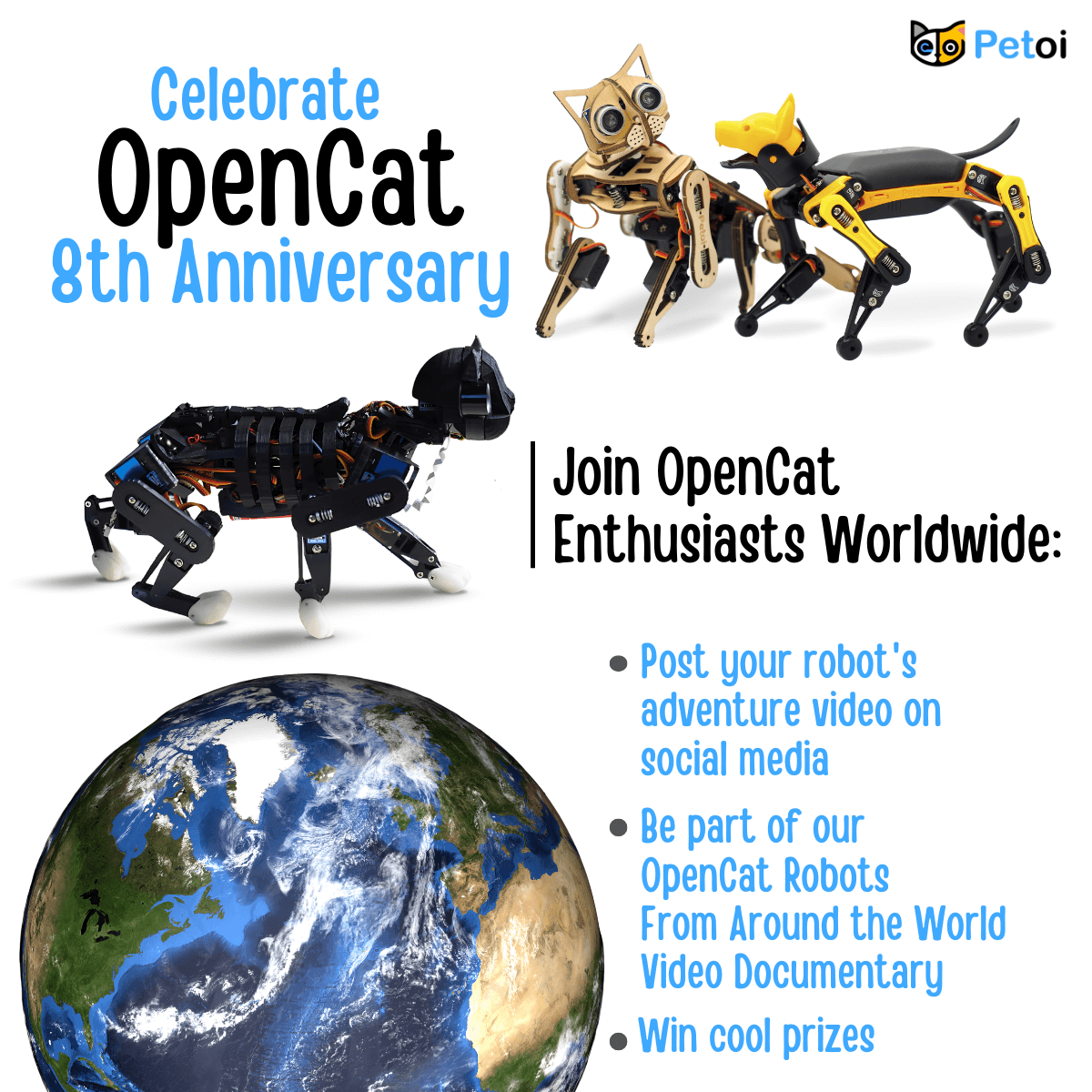 PetoiCamp's tweet photo. OpenCat is turning 8. Join the OpenCat Robot Around the World Documentary Video project – record your robot's adventures and win cool prizes 🎁!
Learn more: https://t.co/A6WXMUiTBN
#Petoi #OpenCat #Robotics #PetoiChallenge https://t.co/aMjOiOD5lW