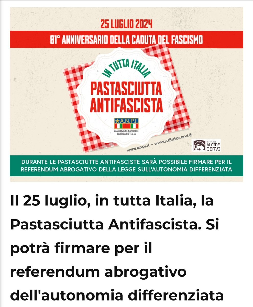 Il 25 luglio torna la #pastasciuttaantifascista dell'#ANPI; gli #antifascisti raccoglieranno firme per il referendum abrogativo dell'#autonomiadifferenziata.
Una contrarietà all'autonomia dei territori allineata al pensiero #fascista. Buon appetito!