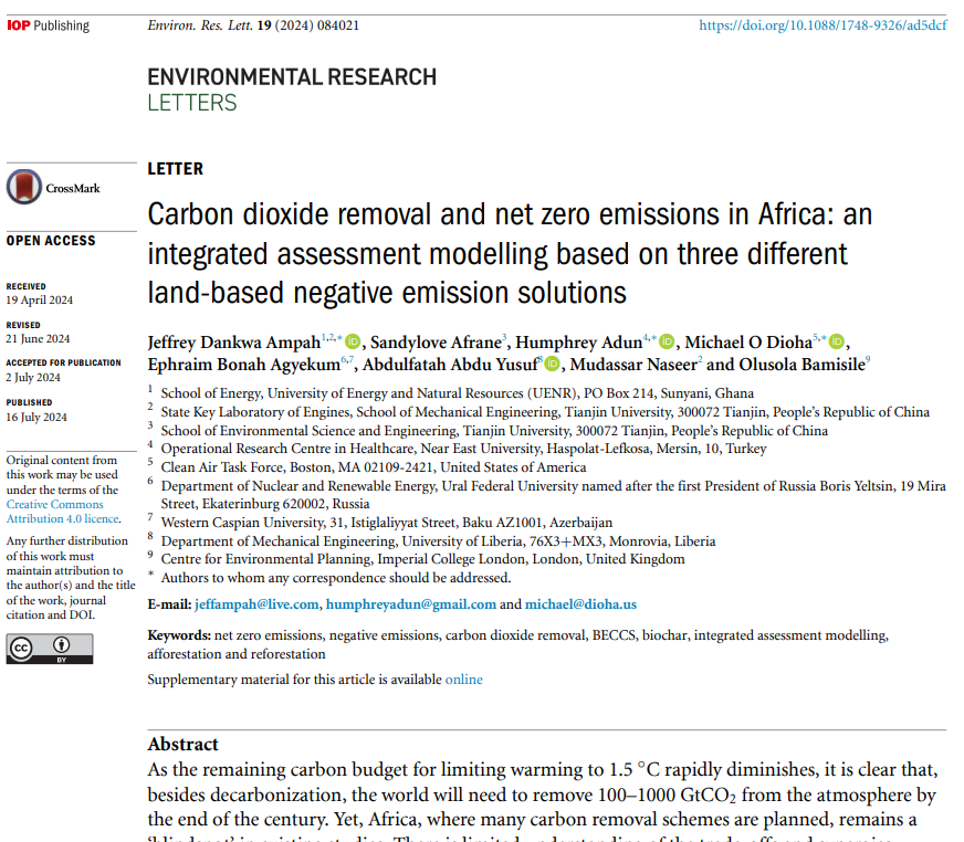 Excited to share our new research paper on #carbonremoval in #Africa! By 2050, combining afforestation/reforestation, BECCS, and biochar could remove 1.2 GtCO2 annually in Africa. Available at: iopscience.iop.org/article/10.108… 
Terrific work <a href="/guylikeJeff/">Jeffrey Dankwa Ampah</a> #ClimateAction #sdg13 #netzero