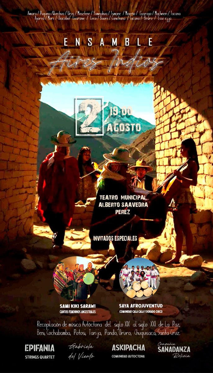 AiresIndios's tweet photo. #ArmoníasRurales
#AiresIndios
#TeatroMunicipalLaPaz
#MúsicaAutóctona
#CulturaBoliviana
#MúsicaSinfónica
#ConciertoLaPaz
#RescateCultural
#MúsicaIndígena
#FusiónMusical
#MúsicaOriginaria
#LenguasOriginarias
#ViveLaCultura
#OrgulloBoliviano
#TradiciónYModernidad
#MúsicaQueInspira https://t.co/dEjUsMC8k2