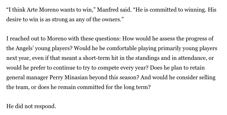 LockedOnAngels's tweet photo. Arte Moreno doesn't care. 

The proof is in the pudding, and in the fact that he won't talk to anyone in the media.

Props to @BillShaikin for writing this article and highlighting the real problem.

#RepTheHalo #GoHalos #Angels #LTBU https://t.co/PSqWcoyUbf