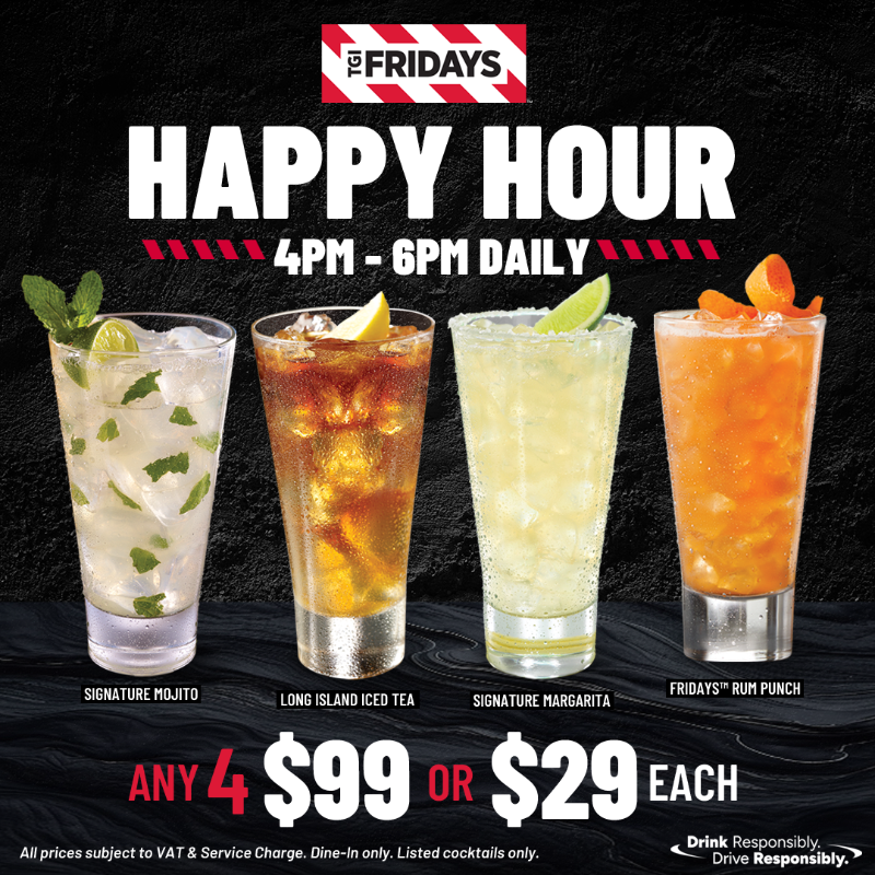 tgifridaystt's tweet photo. 🎉🍹 Follow us and stay tuned for a chance to win vouchers for Happy Hour at TGI Fridays! Don't miss out on delicious deals and fun times! 🍔🥳 #HappyHour #TGIF #WinWithTGIFridays https://t.co/DNhFDisLYd