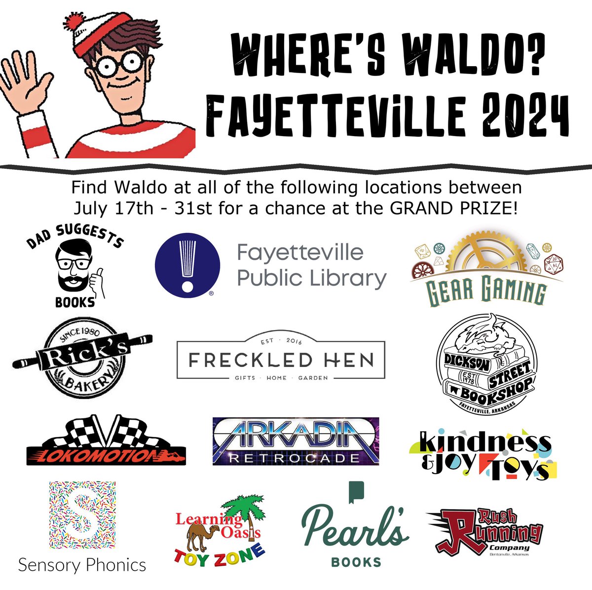 Where’s Waldo Fayetteville is returning for 2024? Check out all the participating locations! The hunt starts tomorrow! Details on our website if you need them. Find all 13 Waldos to be eligible for the grand prize!