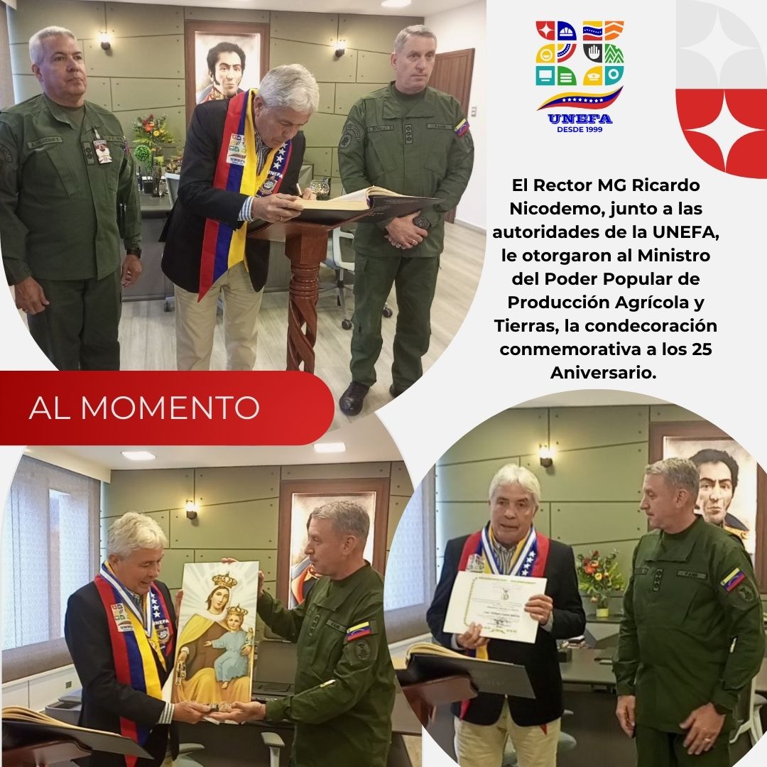 Unefa (@unefa_ven) on Twitter photo #Hoy el MG Ricardo Nicodemo, junto a las autoridades de la UNEFA, le otorgaron al Ministro la condecoración conmemorativa a los 25 Aniversario. ️
Asimismo, el Cnel. Castro Soteldo dejó su firma en el honorable libro de visitas de la Universidad.
<a href="/vladimirpadrino/">Vladimir Padrino L.</a> <a href="/FelixOsorioG/">Felix Osorio</a> #Hoy el MG Ricardo Nicodemo, junto a las autoridades de la UNEFA, le otorgaron al Ministro la condecoración conmemorativa a los 25 Aniversario. ️
Asimismo, el Cnel. Castro Soteldo dejó su firma en el honorable libro de visitas de la Universidad.
<a href="/vladimirpadrino/">Vladimir Padrino L.</a> <a href="/FelixOsorioG/">Felix Osorio</a>