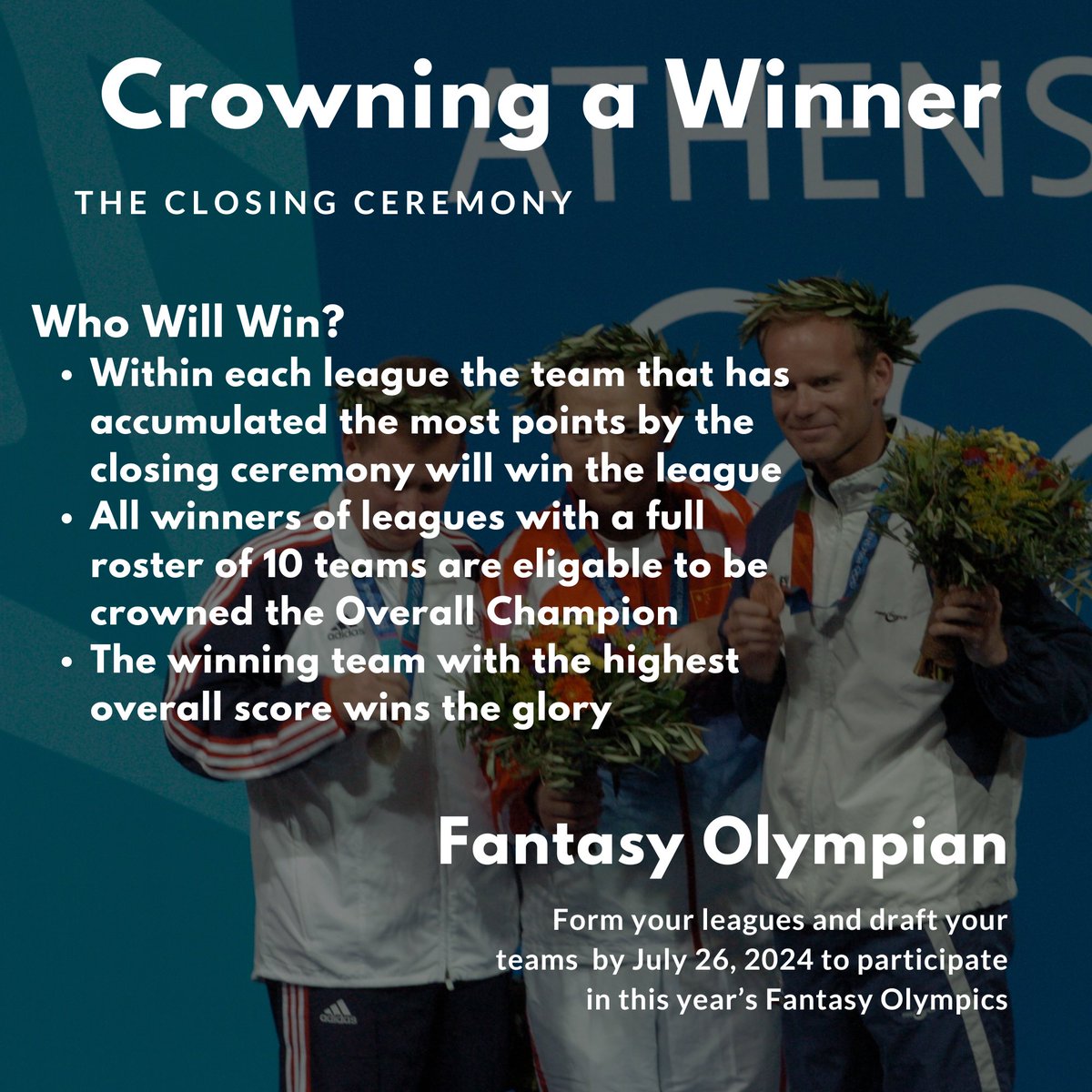 FantasyOlympian's tweet photo. Following the closing ceremony, the final medal counts will be tallied and the aggregate medal total of all of your teams athletes will be compared across your league to determine the winner. 
The opening ceremony starts soon, draft your team today at https://t.co/C42OQokZSp https://t.co/lnFtzN2tvY