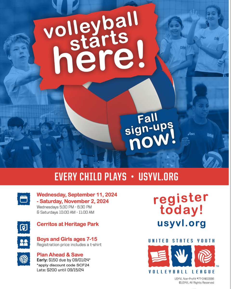 Lakeside_MSLLCS's tweet photo. 🏐 Lakeside Families, volleyball season is here! Sign up your kids for the USYVL fall season at Heritage Park, Cerritos. Sessions are Wed 5:30-6:30 PM &amp; Sat 10-11 AM from 9/11-11/2. Register by 9/1 with code SCF24 to save! Details at https://t.co/gx68zqL0zo. #LakesideMS https://t.co/4eqpvY08Hm