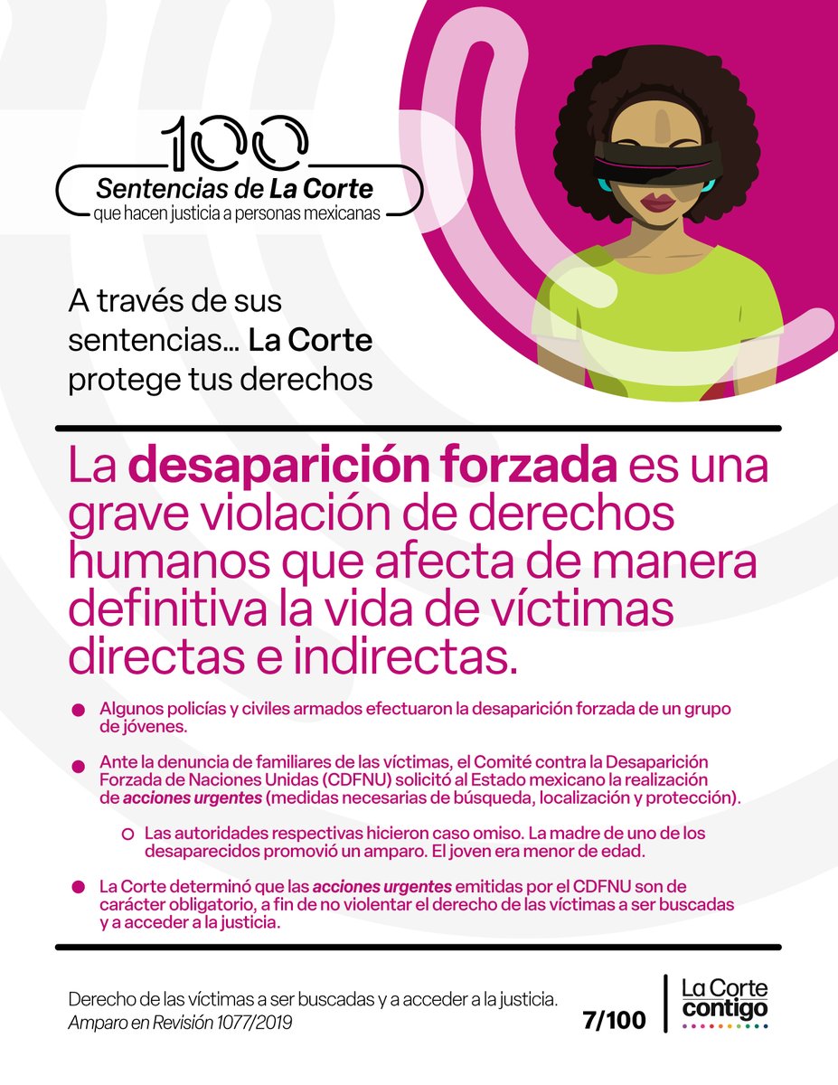 SCJN's tweet photo. #LaCorte protegió el derecho a la búsqueda de las personas desaparecidas y determinó que las acciones urgentes emitidas por el Comité contra la Desaparición Forzada de la #ONU son obligatorias.

📝https://t.co/OVCPtwX88a

📢 #100Sentencias de #LaCorte que protegen tus derechos 👇🏽 https://t.co/gR66Lk3PZF