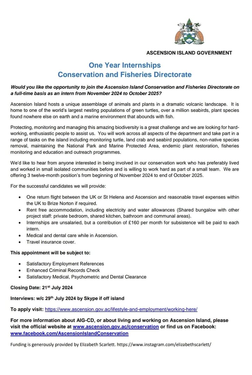 Early career conservationist?
We are recruiting for Conservation Interns- a 12 month placement working with green turtles, endemic plants, seabirds, invasive species removal &amp; park warden conservation tasks. 
Flights, accommodation &amp; stipend provided.
ascension.gov.ac/vacancy/conser…