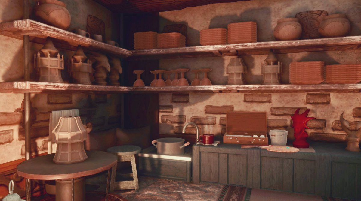 DanonAlaura's tweet photo. Welcome to The Pottery Barn located at Dynamis Kraken Empy W16 P43! Come on in and make your own creations using our pottery wheel or choose from our vast selection of premade pottery to glaze and fire up in the kiln! 

#FF14Housing  #FF14ハウジング #FFXIV  #HousingEden #HGXIV https://t.co/o89ISq5Mmj