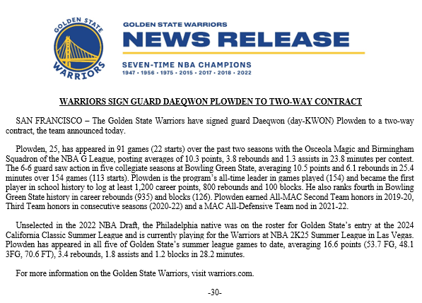 WarriorsPR's tweet image. Warriors sign guard Daeqwon Plowden to two-way contract