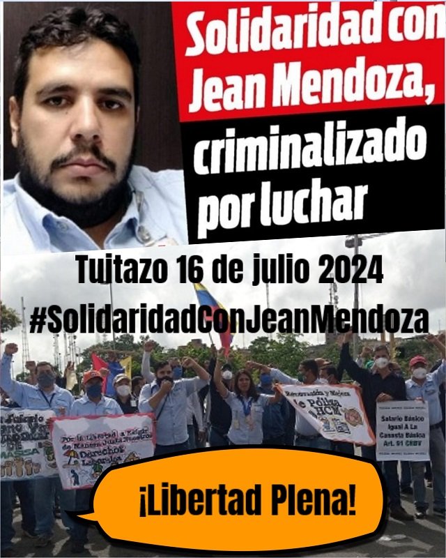 CUTV_Venezuela's tweet photo. #SolidaridadConJeanMendoza 
@CUTV_Venezuela y @FNLCT exigimos cese al juicio amañado contra el Secretario General del Sindicato de Trabajadores de MASISA ¡Libertad plena ya!
¡No más criminalización para los trabajadores que luchan! https://t.co/0rY1hzp1aE