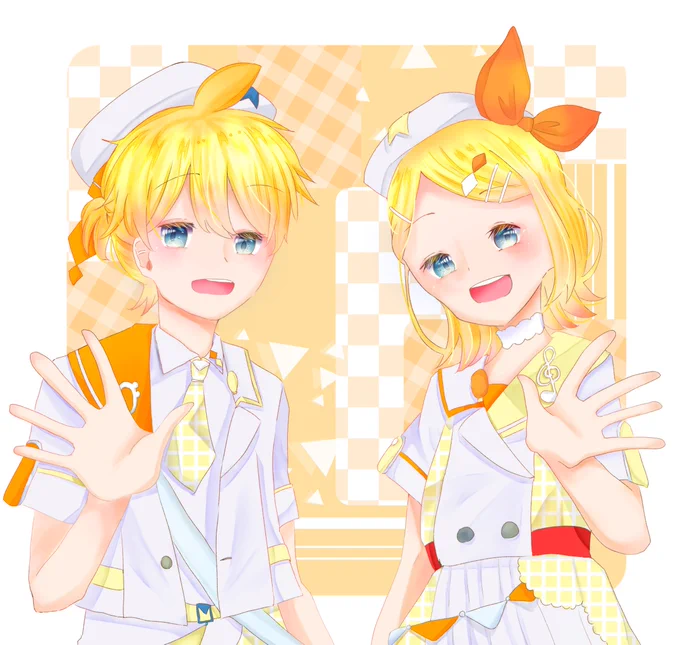 四翼 七風さんの、こちらに向かって手を振るリンちゃんとレンくん!ニッコリ優しい笑顔が可愛いホー(*'艸`*)【】 #piapro #鏡音リン #鏡音レン 