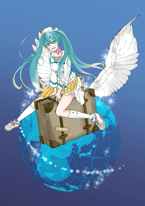 鈴々さんのミクさん!羽がついたトランクに乗る…世界中を旅で着ちゃいそうだホー!(*^▽^*)【】 #piapro #初音ミク 