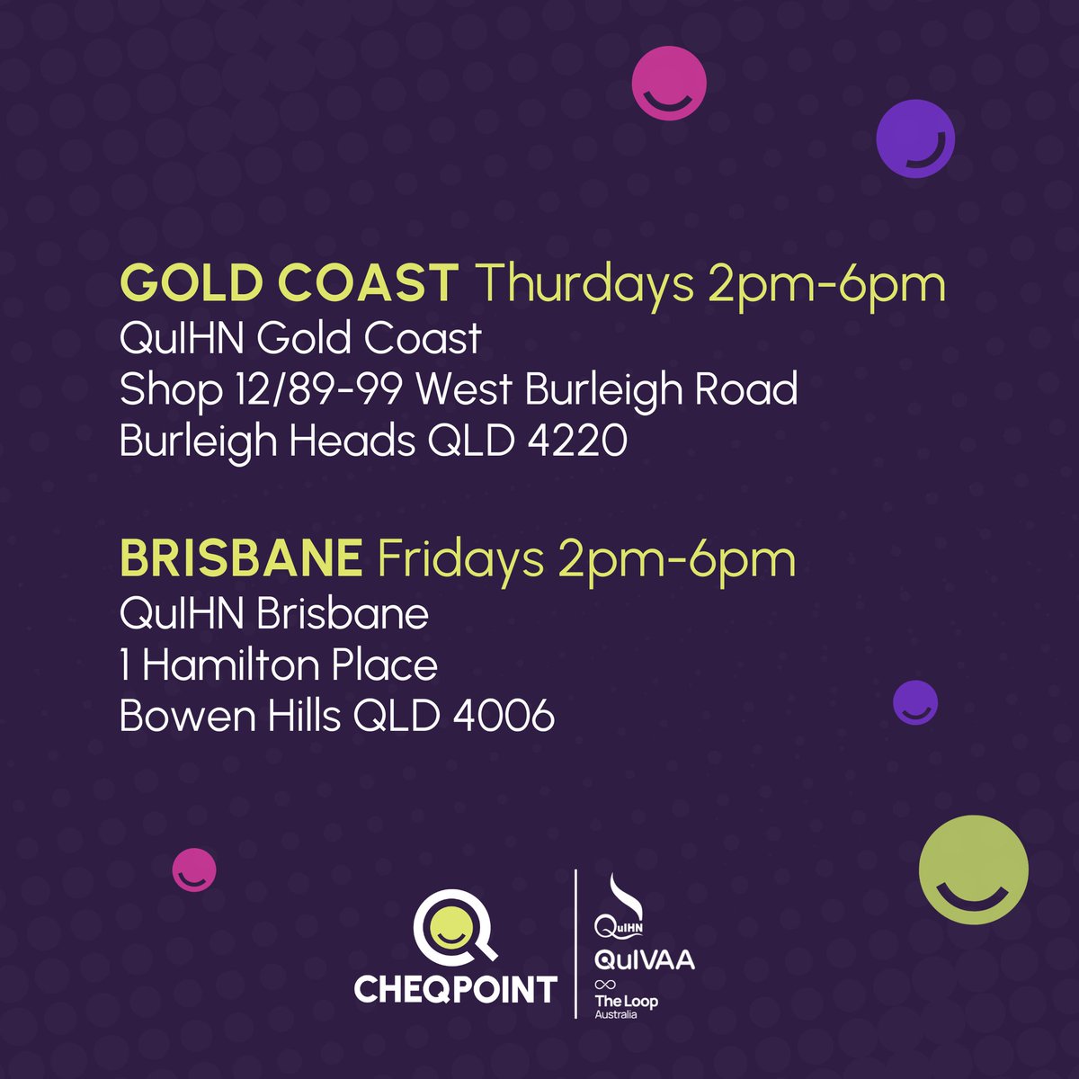 The Loop Australia (@wearetheloopau) on Twitter photo 🔎 Drug checking services are now open in Brisbane and the Gold Coast.
👉 Gold Coast 👈
Thurdays 2pm-6pm
QuIHN Gold Coast: Shop 12/89-99 West Burleigh Rd, Burleigh Heads QLD 4220
 👉Brisbane 👈
Fridays 2pm-6pm
QuIHN Brisbane: 1 Hamilton Pl, Bowen Hills QLD 4006 🔎 Drug checking services are now open in Brisbane and the Gold Coast.
👉 Gold Coast 👈
Thurdays 2pm-6pm
QuIHN Gold Coast: Shop 12/89-99 West Burleigh Rd, Burleigh Heads QLD 4220
 👉Brisbane 👈
Fridays 2pm-6pm
QuIHN Brisbane: 1 Hamilton Pl, Bowen Hills QLD 4006