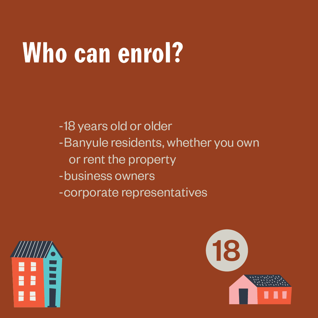 BanyuleCouncil's tweet photo. Your vote in Council elections matters! Choose leaders who care about your neighbourhood and work to improve it. 🗳️

Check if you're eligible and enrol by 4pm on Wednesday 7 Aug.

You don’t need to be an Australian citizen to be a council-enrolled voter.
https://t.co/2jLjPQfYZw https://t.co/FzZc65vLdZ