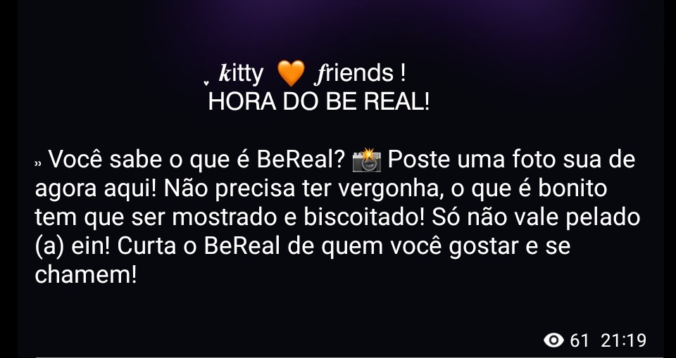 A Kitty Friends trouxe para os seus inscritos o "BeReal" muito conhecido aqui no Twitter e agora também no Telegram através de nosso canal! Gostaram da novidade? Vem conhecer a t.me/kittytrick! 💜🧡