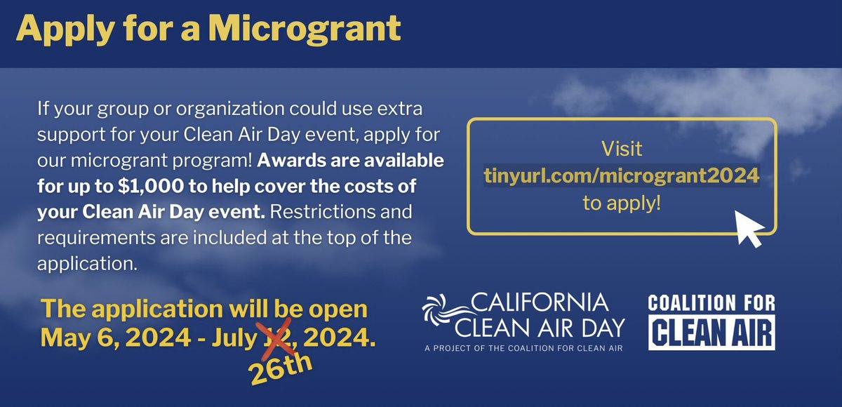Ready to make a positive impact on our air quality? Host a #CleanAirDayCA event on Oct 2. <a href="/CleanairCA/">Coalition for Clean Air</a> microgrants of up to $1,000 can help you educate &amp; raise awareness on ways to improve the air we breathe. Apply by July 26. Read my latest eAlert: a19.asmdc.org/ealert/apply-c…