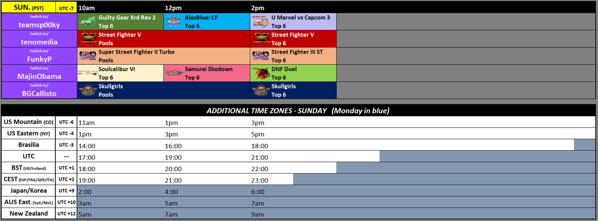 Stream schedule for EVO Community Showcase 2024 #Evo2024

Brackets: start.gg/tournament/com…

info: <a href="/Evo/">Evo</a> &amp; evo.gg/news/2024-comm…

Special thanks to <a href="/acekingoffsuit/">AceKingOffsuit ♠️❤️</a>