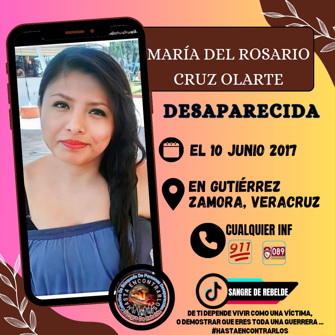 #TeBuscamosMariaDelRosarioCruzOlarte.
#Desaparecida el 10/06/2017 
En #GutiérrezZamora, #Veracruz #México🇲🇽 
Vía <a href="/OlarteLeonor/">Leonor Olarte</a> 
#RTsSolidarios 
<a href="/sangrederebelde/">🇲🇽 Colectivo De Búsqueda SangreDeRebelde🇲🇽</a>