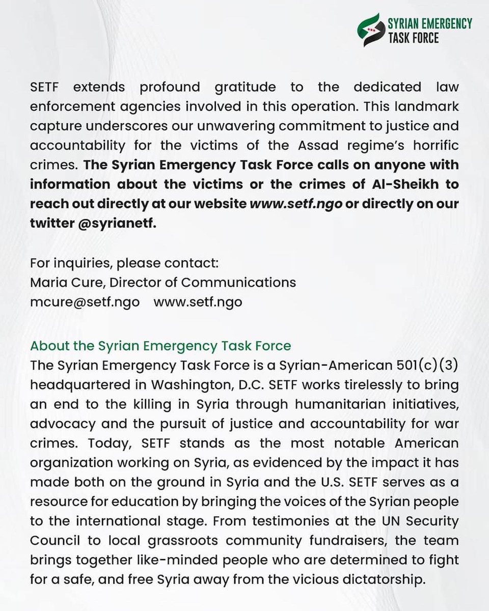 So incredibly proud of my organization literally catching war criminals, breaking sieges, passing legislation. These photos of our presser about the latest of a long line of accomplishments and many more to come God willing so proud to be a part of <a href="/syrianetf/">Syrian Emergency Task Force</a>