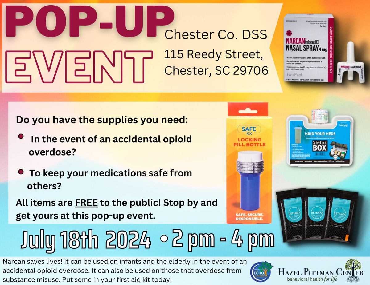 echocoalition's tweet photo. Pop-Up Narcan Events

In Chester County since June 1st, 2024, we’ve had 17 suspected overdoes and 2 suspected fatal overdoes with 8 Naloxone administrations.

Staff with the Hazel Pittman Center will be set up Thursday, July 18th from 2 pm to 4 pm at DSS. https://t.co/vkWR7E191j