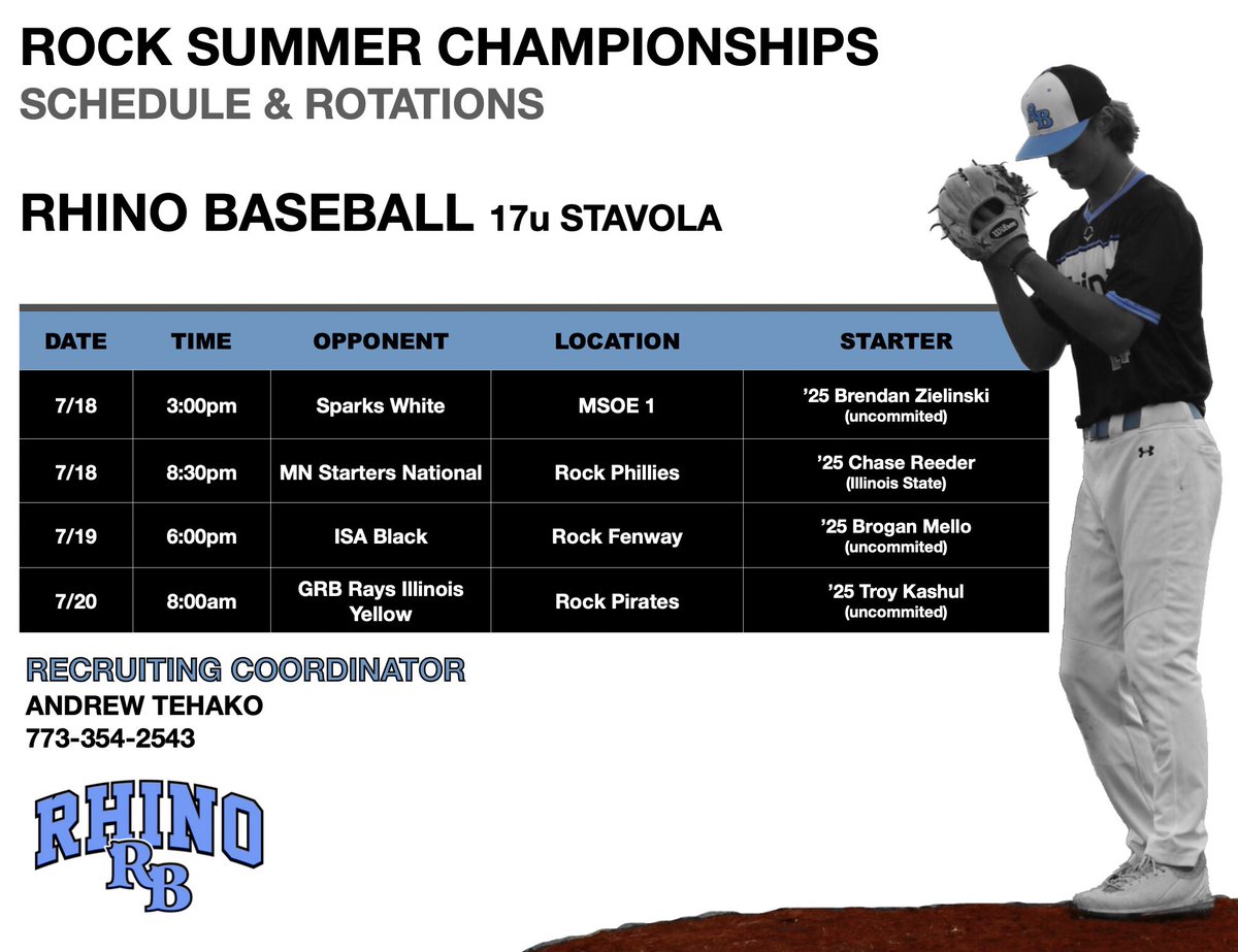 🚨🚨SCHEDULE &amp; ROTATION 🚨🚨

                        17u Stavola
  PBR at the Rock Summer Ships
            
                📍Franklin, WI📍