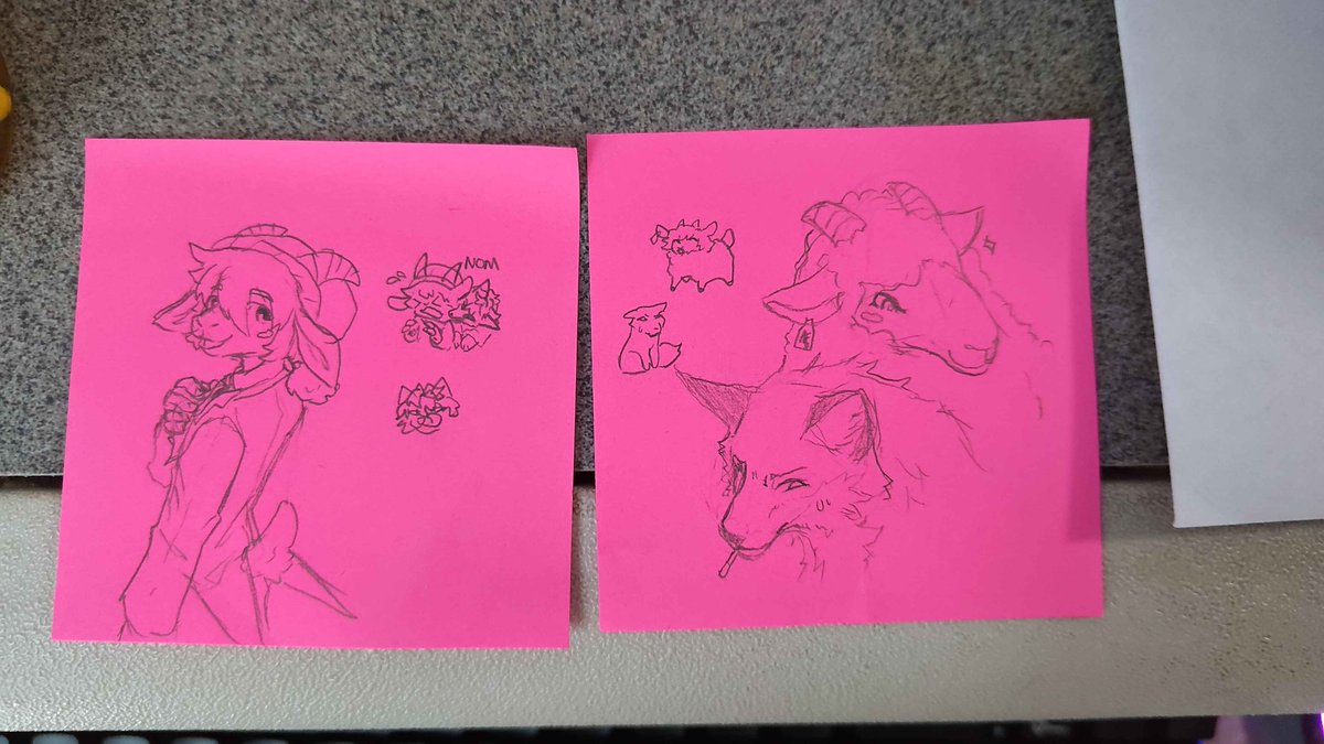 garagewolf's tweet photo. drew these at work. maybe drawing on eye searing pink is a bad thing https://t.co/OSZNawoENz
