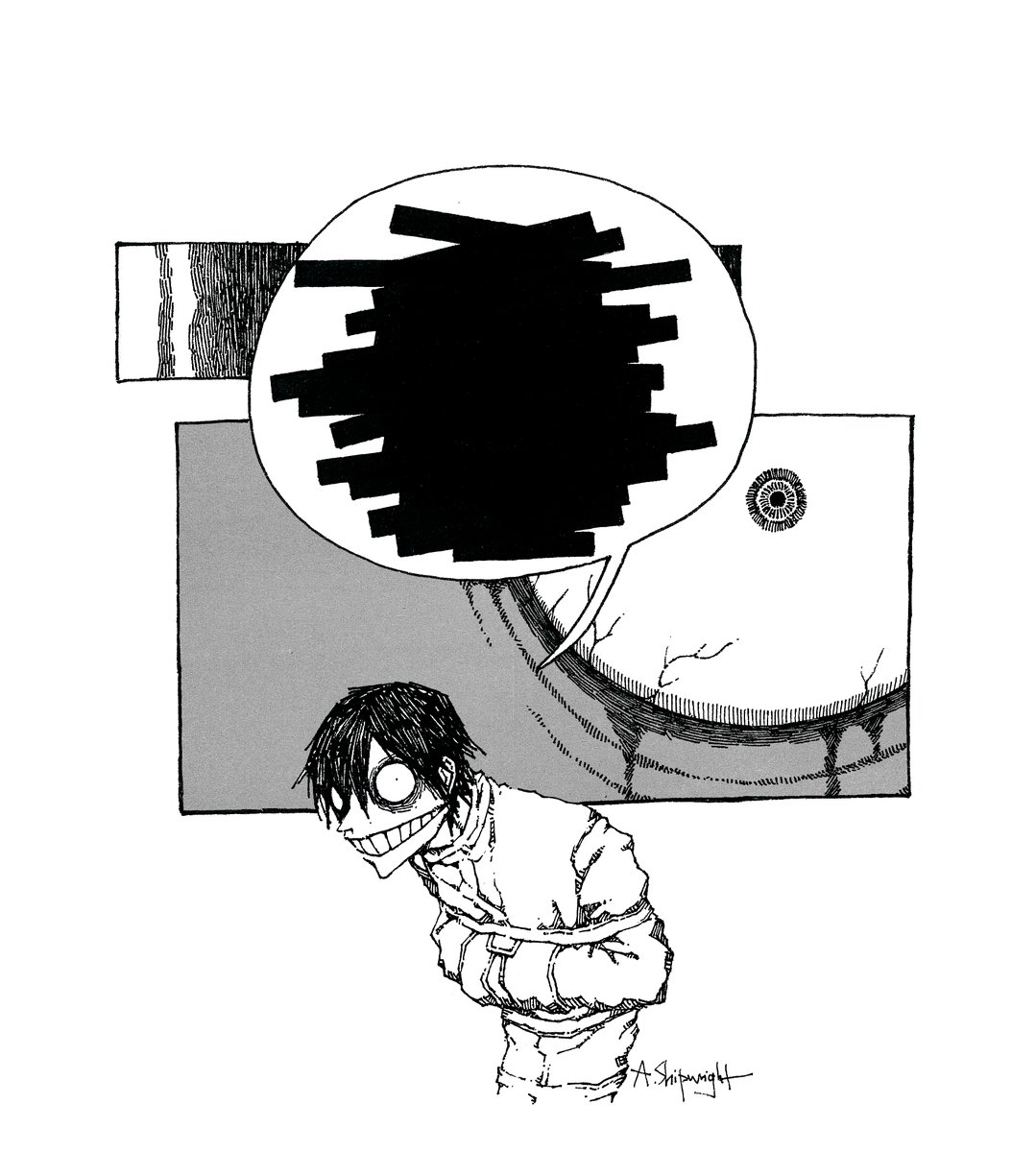 ShipwrightA's tweet image. A character who realizes the truth of this world and has their speech censored is treated as a madman.