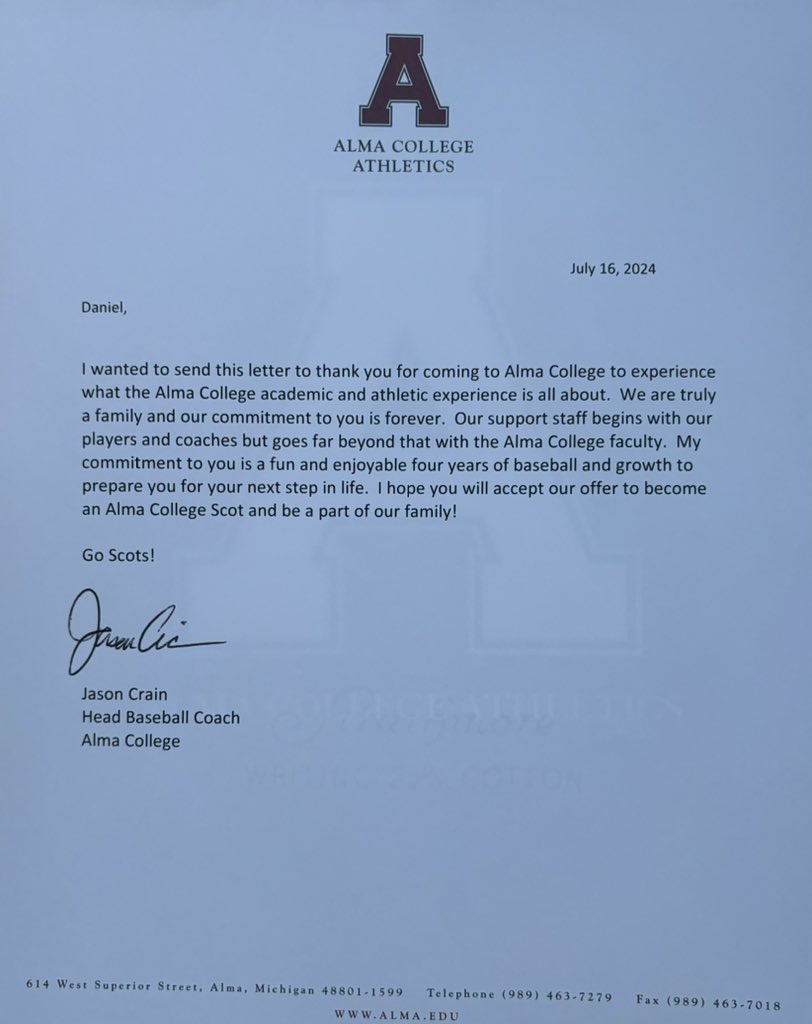 Dan_LeMaster7's tweet photo. Had a great visit at Alma College today, and I am incredibly grateful and blessed to announce that I have received my first official offer. @coachjcrain @AlmaScotsBSB https://t.co/Iw1DERm44h