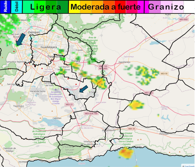 RadarDopplerUdG's tweet photo. Situación de la #Lluvia en #AMG
Aumenta la lluvia en #AMG
#Tonala lluvia moderada a fuerte rumbo a el #Salto
Aumenta lluvia en #Tlaquepaque #Guadalajara #Zapopan #Zapotlanejo #Zapotlanelrey
Además lluvia moderada en #ZacoalcodeTorres y #Mezcala
Tomar precauciones https://t.co/kcjBTcVUDC