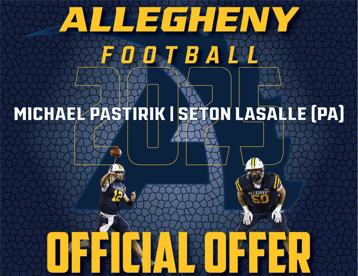 Mike Pastirik (@mikepastirik2) on Twitter photo After a great conversation with <a href="/Coach_Layer/">Braden Layer</a> I am extremely honored to receive my first official football offer from <a href="/AlleghenyFB/">Allegheny Football</a>.
<a href="/SLS_Football/">Rebel Football</a> <a href="/CoachStorino/">Coach Tim Storino</a> <a href="/Coachstorinod/">David Storino</a> <a href="/SLS_Athletics/">Seton LaSalle Athletics</a> <a href="/PA_TodaySports/">PA Today</a> <a href="/210ths/">2Tenths Speed & Agility</a> <a href="/Coach_Taggart22/">Jake Taggart</a> <a href="/wpialsportsnews/">WPIAL Sportsmen</a> <a href="/WPIAL_Insider/">WPIAL Insider</a> @PRZPAvic After a great conversation with <a href="/Coach_Layer/">Braden Layer</a> I am extremely honored to receive my first official football offer from <a href="/AlleghenyFB/">Allegheny Football</a>.
<a href="/SLS_Football/">Rebel Football</a> <a href="/CoachStorino/">Coach Tim Storino</a> <a href="/Coachstorinod/">David Storino</a> <a href="/SLS_Athletics/">Seton LaSalle Athletics</a> <a href="/PA_TodaySports/">PA Today</a> <a href="/210ths/">2Tenths Speed & Agility</a> <a href="/Coach_Taggart22/">Jake Taggart</a> <a href="/wpialsportsnews/">WPIAL Sportsmen</a> <a href="/WPIAL_Insider/">WPIAL Insider</a> @PRZPAvic