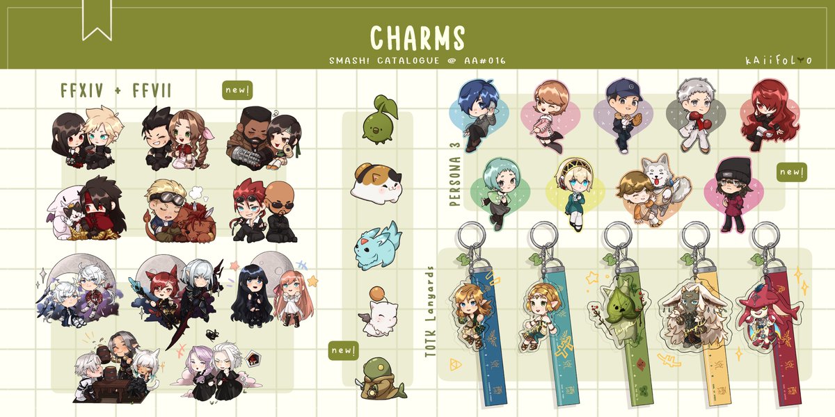kaiifolio's tweet photo. hellllOooooO✨ i’ll be at @smashcon this weekend at table O16!!! here’s my catalogue (it’s mostly ffxiv, ffvii, p3 and zelda merch hehe (*´꒳`*)) 

come say hi!!!!!! 🕊️💕 

#smashcon2024 https://t.co/j9wBbQyncS
