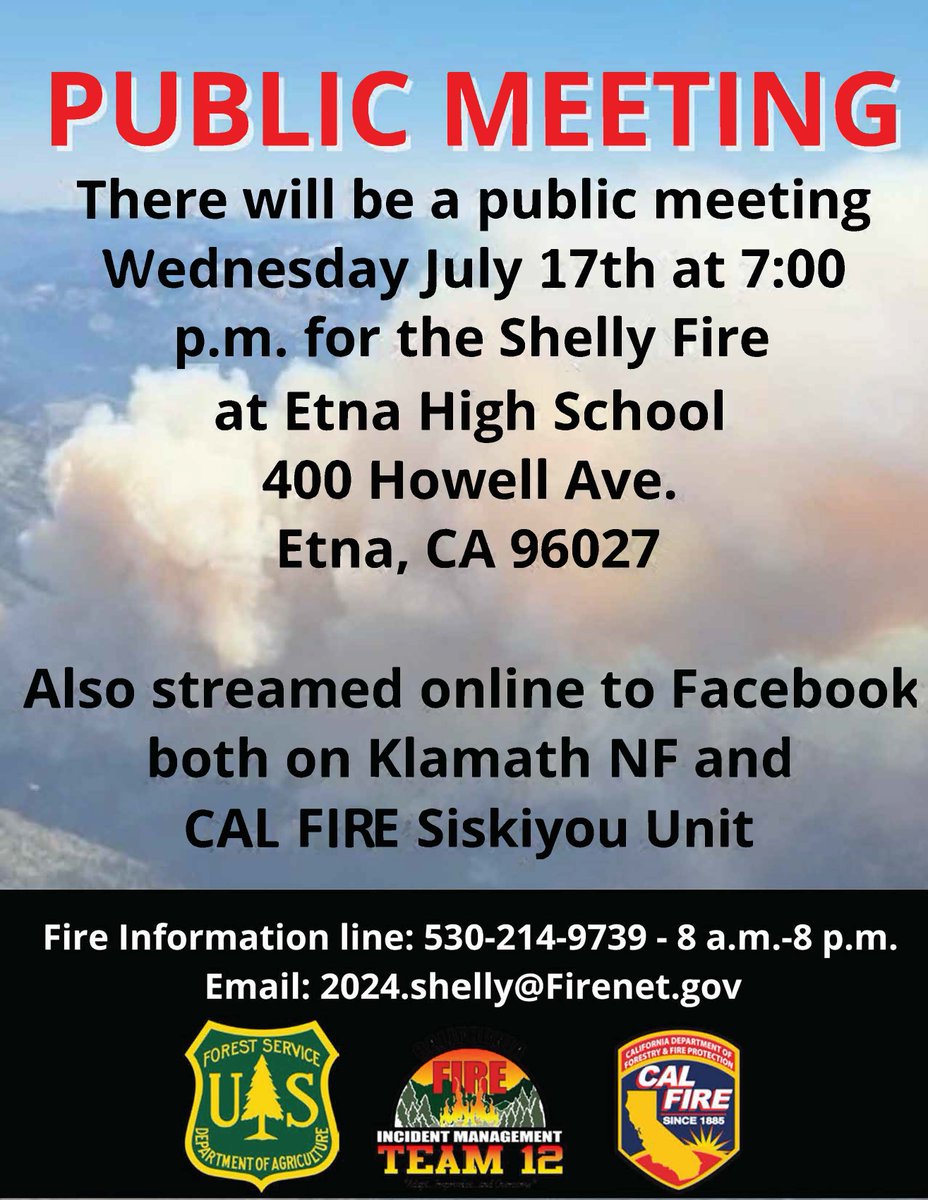 PSA: Public meeting tomorrow, July 17th, at Etna High School.

#shellyfire 

<a href="/SiskiyouSheriff/">Siskiyou County Sheriff</a> 
<a href="/CALFIRESKU/">CAL FIRE SKU</a> 
<a href="/SiskiyouOES/">Siskiyou County OES</a>