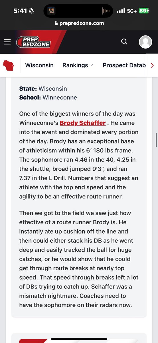 Brody Schaffer (@brodyschaffer3) on Twitter photo Finished up my summer camps, I can’t wait for this season, ❤️ my team! My best performance numbers below!
40: 4.46 (twice)
Pro agility: 4.14
Vertical: 34.9
Broad: 9’3”
3 cone: 7.09
<a href="/PrepRedzoneWI/">Prep Redzone Wisconsin</a> <a href="/MJ_NFLDraft/">Mark Johnson</a> <a href="/CoachSchrenk/">James Schrenk</a> <a href="/OJW_Scouting/">PrepRedzone Oliver</a> <a href="/NWahlScouting/">Nate Wahl</a> <a href="/Coach_Tiz/">Travis Tislaretz</a> <a href="/WinneconneFB/">Winneconne Football</a> Finished up my summer camps, I can’t wait for this season, ❤️ my team! My best performance numbers below!
40: 4.46 (twice)
Pro agility: 4.14
Vertical: 34.9
Broad: 9’3”
3 cone: 7.09
<a href="/PrepRedzoneWI/">Prep Redzone Wisconsin</a> <a href="/MJ_NFLDraft/">Mark Johnson</a> <a href="/CoachSchrenk/">James Schrenk</a> <a href="/OJW_Scouting/">PrepRedzone Oliver</a> <a href="/NWahlScouting/">Nate Wahl</a> <a href="/Coach_Tiz/">Travis Tislaretz</a> <a href="/WinneconneFB/">Winneconne Football</a>