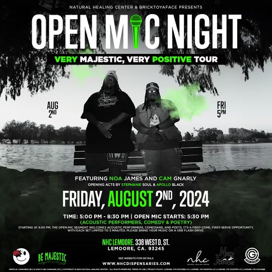 BrickToYaFace's tweet photo. 🎤 The Very Majestic, Very Positive Tour with @NoaJames & @CamGnarly starts in Lemoore, CA at @nhcsloco Consumption Lounge. Open mic included—bring your positive vibes! Plus, enjoy a dab bar by Rosin Tech Labs.
#VeryMajestic #VeryPositive #VMVPTour #NoaJames #CamGnarly https://t.co/06S0AoULeq