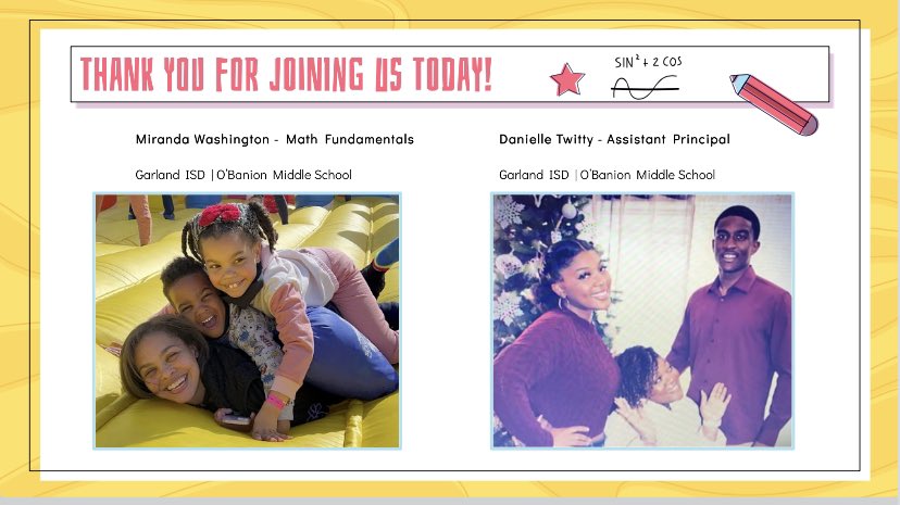 Twitty__Tweets's tweet image. CAMT 2024!! Blessed to present today with Miranda and represent @OBanion_Bisons and @gisdnews at the 2024 CAMT Conference.  Session: Making Math Relevant!! You must connect with students in order for them to connect with the math!! @CAMT_TX #CAMT2024 @gisdnews