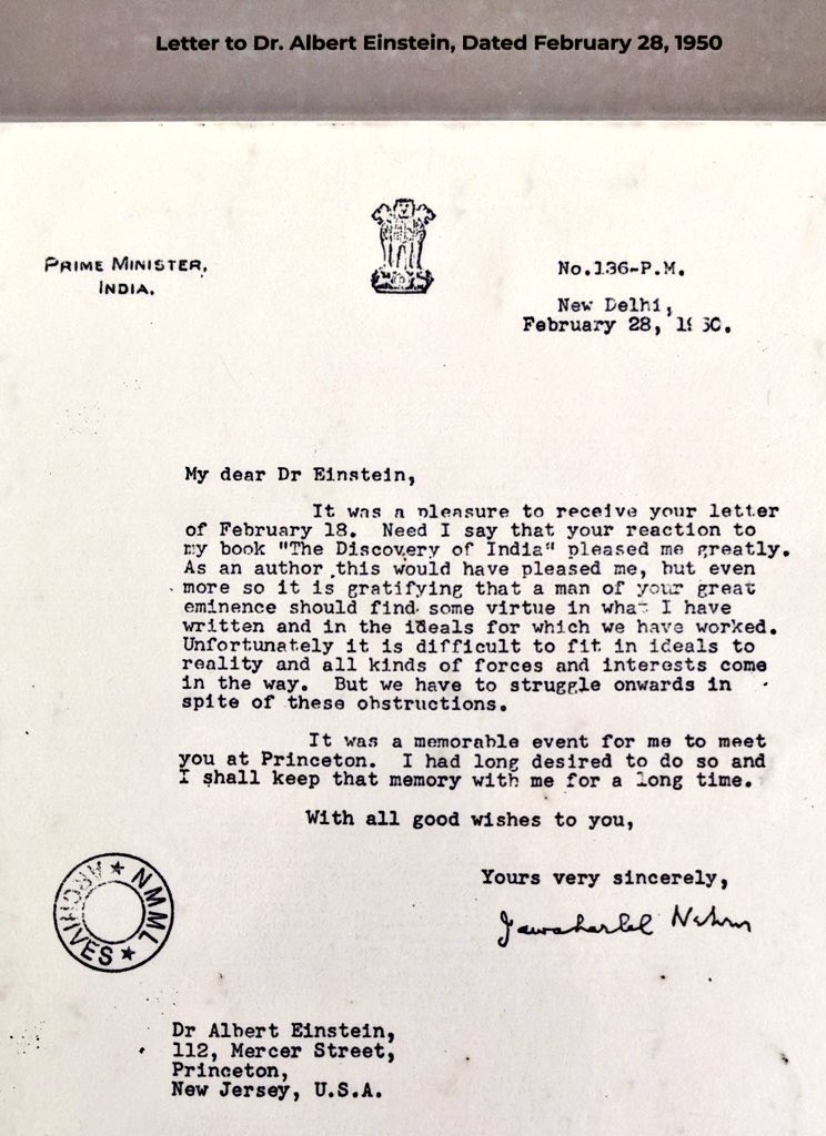 MayaramArvind's tweet photo. Jawaharlal Nehru’s response to letter from Einstein praising Discovery of India. https://t.co/HEPhXCdMh0