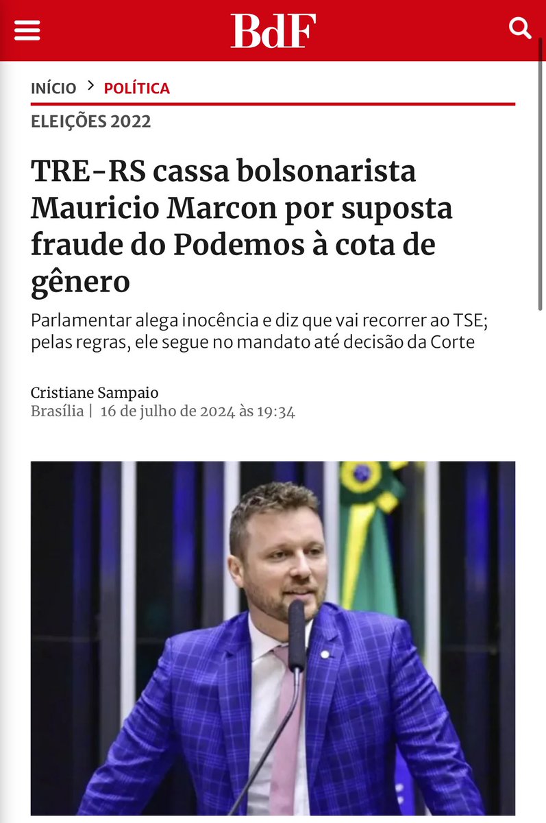 fernandapsol's tweet photo. Olha só, que coisa… o TRE cassou por 7x0 o mandato do deputado bolsonarista Maurício Marcon por fraude na cota de gênero. https://t.co/wEfk17IAY7