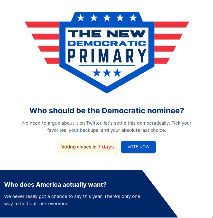 _npfoss's tweet photo. Cast your vote in the New Democratic Primary: Ridin' with Biden or Pass the Torch?

We built a secure online primary for the people to decide. Voting closes in 7 days.