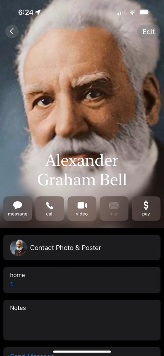 Contact card for Alexander Graham Bell on an iPhone. His phone number is 1