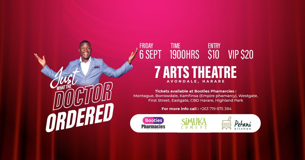 docvikela's tweet photo. Mamukasei? Ndokumbirawo support yenyu👏🏿👏🏿!! Tisakanganwe kuti matickets arikuwanika ku @BootiesP #BootiesPhamarcies
#YourSupportMatters
#JustWhatTheDoctorOrdered
#ZimComedy
#7Arts https://t.co/GmtANOVayE