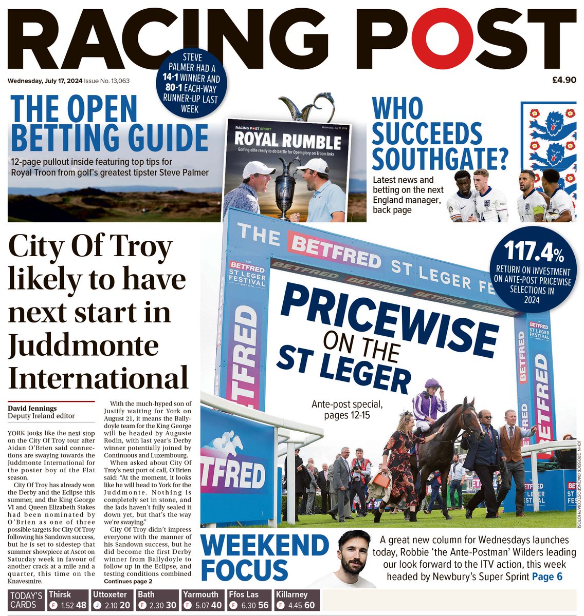 RacingPost's tweet photo. 🗞️In today's Racing Post...
⭐️City Of Troy likely to have next start in Juddmonte International
🔎Ante-Post Pricewise on the St Leger
👀New Weekend Focus: Robbie 'the Ante-Postman' Wilders leading our look forward to the ITV action https://t.co/n9RK0tYOsu