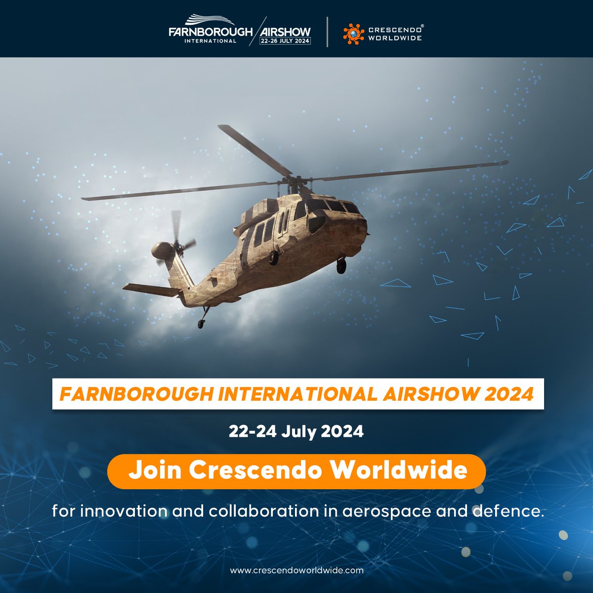 🌍✈️ Crescendo Worldwide is thrilled to announce our participation in the prestigious Farnborough International Airshow 2024! 
We are eager to connect with #industry #leaders, forge new #partnerships, and explore cutting-edge #innovations in #aerospace and #defence. 
Join us at