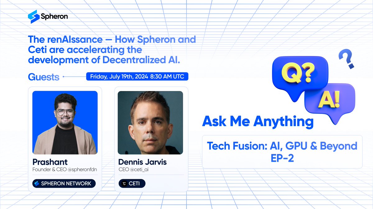 spheron's tweet photo. This Friday, we're back for Episode 2 of the "Tech Fusion: AI, GPU &amp; Beyond" stream series

Tune in to our conversation with @ogcryptoskier, CEO of @ceti_ai, as we discuss the critical importance of Decentralized AI

🗓️ Fri, July 19, 2024  
⏱️ 8:30am UTC 
📺 LIVE on X https://t.co/Tl8LPDuXwd