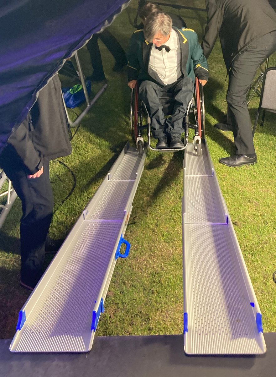 HaverhillBand's tweet photo. We'd like to recognise the support received from
@BrassBandsEng which allowed the band to purchase a set of stage ramps. Our horn player Guy Llewellyn (pictured) got to test out the ramps for the first time at our recent outdoor proms concert in St Ives and they worked a treat! https://t.co/WnqWa1dZ4E