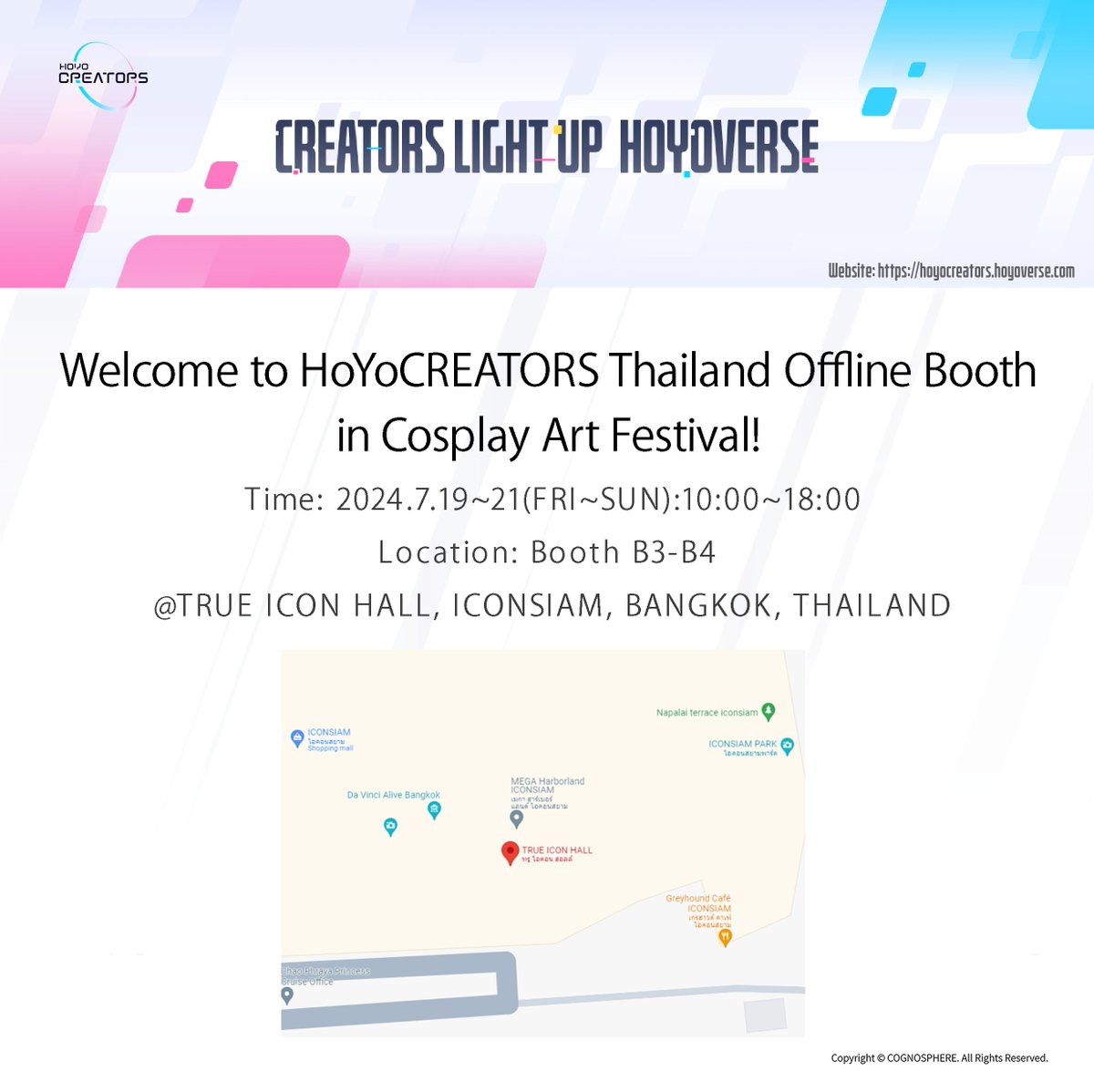 🎉 Exciting News! 🎉
We're willing to announce HoYoCREATORS offline animation booth in Indonesia and Thailand! 
‌
Join mini-events at offline booth with us!
‍
✨ Location &amp; Time ✨
1. Indonesia: Impactnation Japan Festival
- Location: Booth 54, 59 @ Istora Senayan, Jakarta,