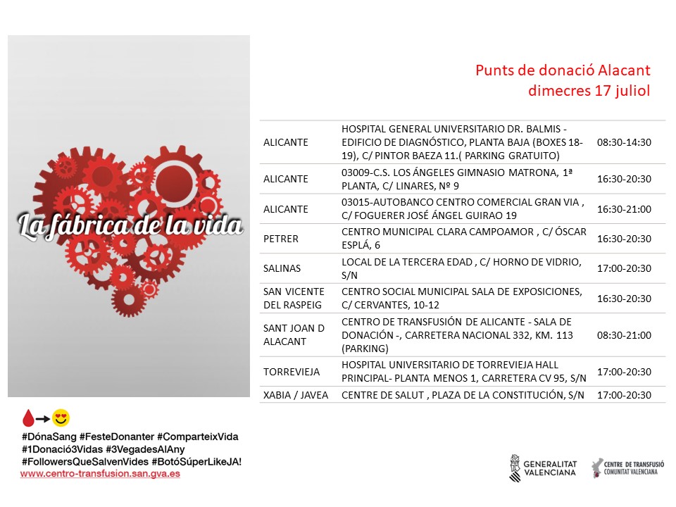 GVAdonasang's tweet photo. Punts de donació #Alacant
📅dimecres #17juliol
#DonaSang, a l'estiu segueixen havent-hi pacients que necessiten transfusions periòdiques per a combatre la seua malaltia.
Úneix-te a #lafábricadelavida ❤️ https://t.co/r320kP5XJt