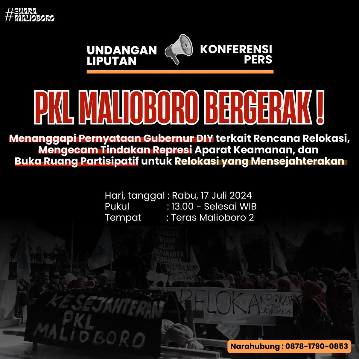 titiknol_jogja's tweet photo. Siang ini PKL Malioboro Bergerak !!! (lagi): Menanggapi Pernyataan Gubernur DIY terkait Rencana Relokasi, Mengecam Tindakan Represi Aparat Keamanan, dan Buka Ruang Partisipatif untuk Relokasi yang Mensejahterakan.😎🔥

✔️Rebut Malioboro Kembali !!!
✔️Tolak Relokasi arogan dan tidak partisipatif !!!
✔️Melu @UNESCO ora mangan !!!